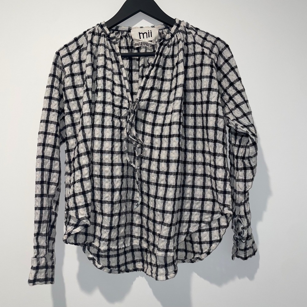 mii Dans L'Espace Black White Gingham Wool Cotton Tie Neck Blouse XS Handmade